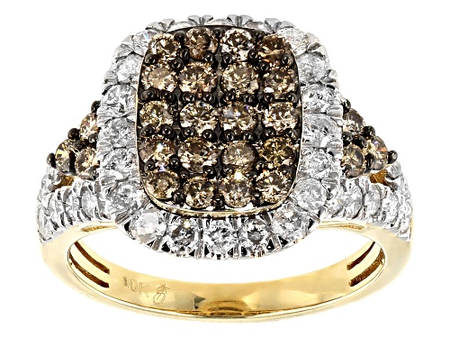 1.90ctw Round Champagne And White Diamond 10k Yellow Gold Ring - Size 7