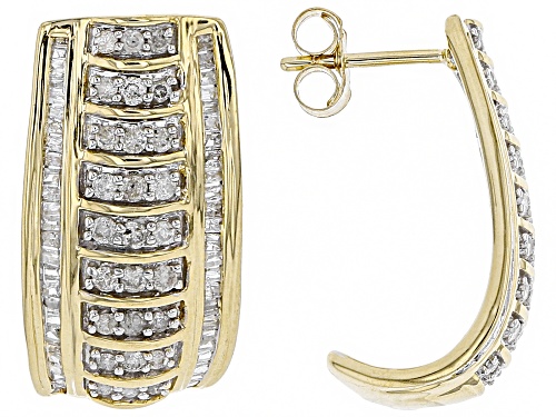 1.00ctw Round and Baguette White Diamond 10k Yellow Gold Earrings