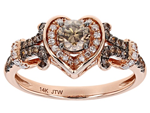 1.00ctw Round Champagne And White Diamond 14k Rose Gold Heart Ring - Size 7
