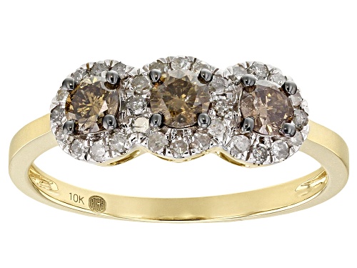 0.68ctw Round Champagne And White Diamond 10K Yellow Gold Ring - Size 8