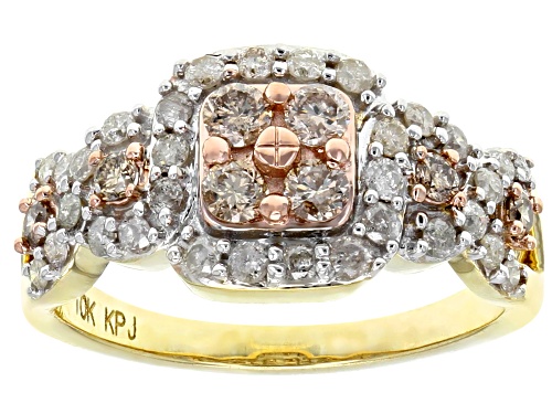 0.91ctw Round Champagne And White Diamond 10k Yellow Gold Ring - Size 10