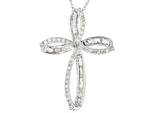 0.50ctw Round And Baguette White Diamond 10k White Gold Cross Pendant With 18 Inch Chain