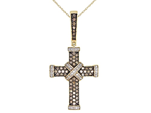 .75ctw Round Champagne And White Diamond 10k Yellow Gold Cross Pendant With 18