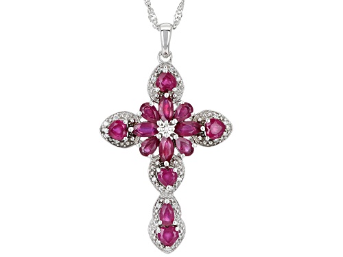 4.52ctw Mixed Shapes Mahaleo® Ruby & 0.11ctw White Zircon Rhodium Over Silver Cross Pendant W/Chain