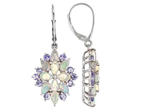 2.48ctw Pear Shape Ethiopian Opal With 1.05ctw Round Tanzanite Rhodium Over Sterling Silver Earrings