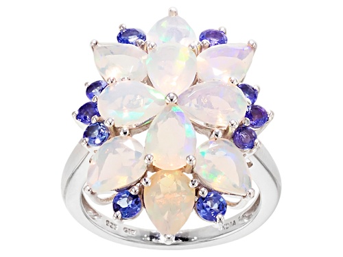 Photo of 3.57ctw Pear Shape Ethiopian Opal With .74ctw Round Tanzanite Rhodium Over Sterling Silver Ring - Size 5