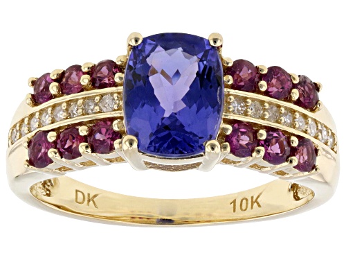 1.28ct Tanzanite With 0.51ctw Grape Color Garnet  and 0.07ctw White Diamond 10k Yellow Gold Ring - Size 7