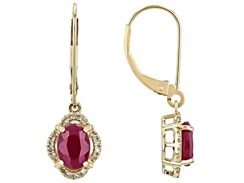 1.70ctw Oval Mozambique Ruby With 0.12ctw White Diamond 10k Yellow Gold Earrings