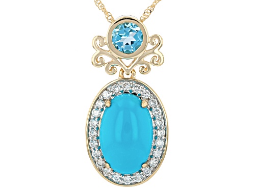 Sleeping Beauty Turquoise With .89ctw Swiss Blue Topaz & Prazana® Lab Diamonds 10k Pendant/Chain