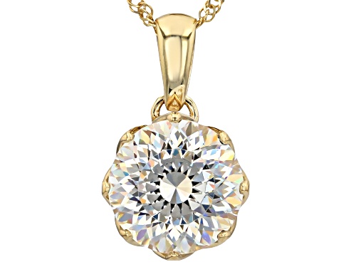 2.98ct Round Glitter Cut Strontium Titanate 10k Yellow Gold Solitaire Pendant Chain