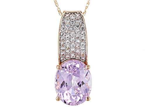 3.15ct Oval Kunzite With .35ctw Round White Zircon 10k Rose Gold Pendant With Chain.