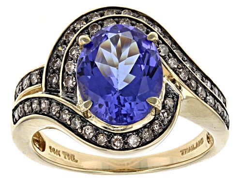 Photo of 2.80ctw Oval Tanzanite With .45ctw Round Champagne Diamond 14k Yellow Gold Ring - Size 7