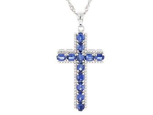 2.24ctw Oval Blue Kyanite Rhodium Over Sterling Silver Cross Pendant With Chain