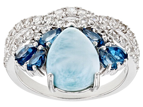 12x8mm Larimar With 0.97ctw London Blue Topaz & 1.02ctw White Zircon Rhodium Over Silver Ring - Size 7
