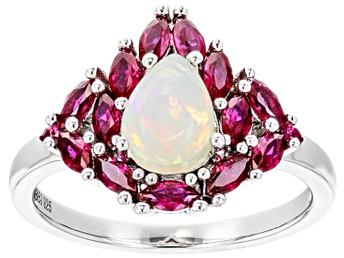 Photo of 0.63ct Pear Shaped Ethiopian Opal With 1.00ctw Lab Created Ruby Rhodium Over Sterling Silver Ring - Size 8