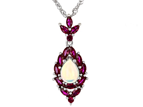 Photo of 0.63ctw Ethiopian Opal With 1.13ctw Lab Created Ruby Rhodium Over Silver Pendant With Chain