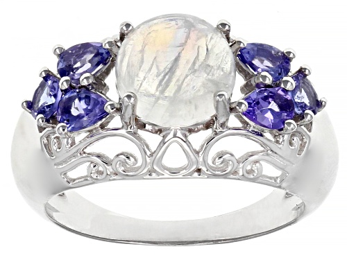 8mm Round Rainbow Moonstone And 0.83ctw Tanzanite Rhodium Over Sterling Silver Ring - Size 7