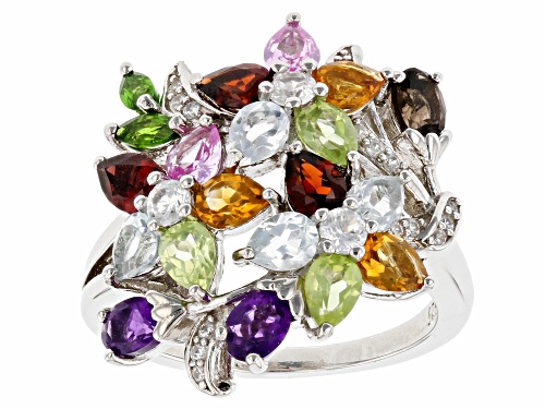 Photo of 3.06ctw Mixed Shaped Multi-Gem Rhodium Over Sterling Silver Flower Bouquet Ring - Size 7