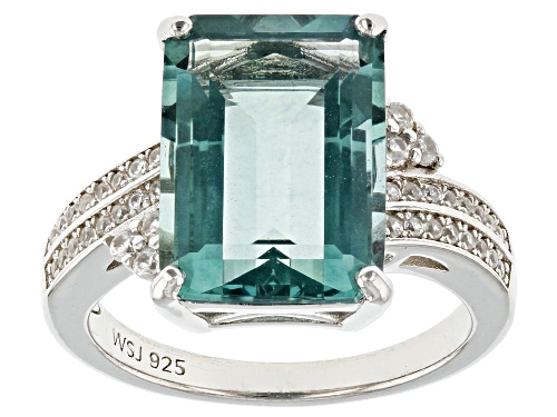 Photo of 8.20ct Emerald Cut Teal Fluorite with .28ctw Round White Zircon Rhodium Over Silver Bypass Ring - Size 9