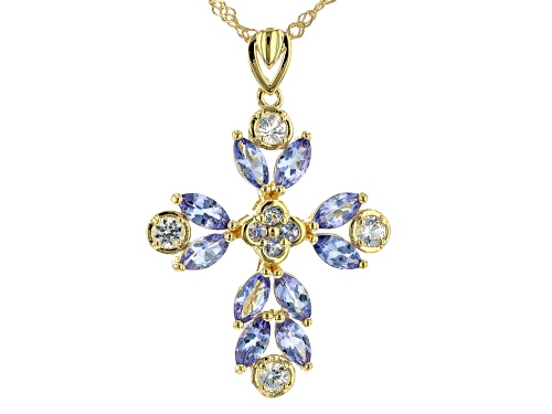 2.10ctw Tanzanite And 0.44ctw Lab Sapphire 18k Yellow Gold Over Silver Cross Pendant With Chain
