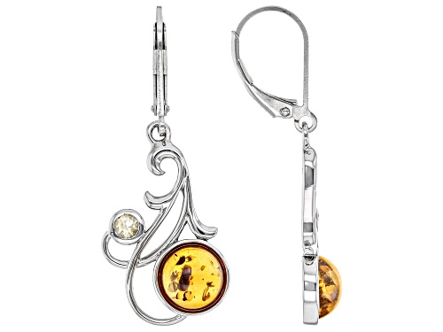 8mm Round Amber With 0.17ctw Citrine Rhodium Over Sterling Silver Dangle Earrings