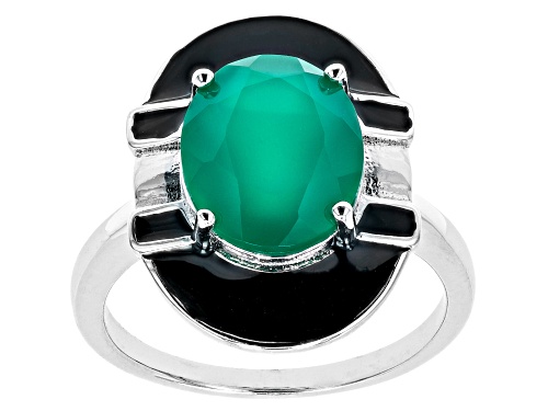 11x9mm Green Onyx With Black Enamel Rhodium Over Sterling Silver Ring - Size 8