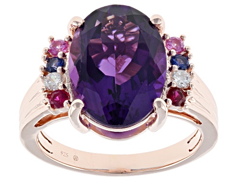 Photo of 4.50ct African Amethyst And 0.28ctw Lab Created Multi Color Sapphire 18k Rose Gold Over Silver Ring - Size 8