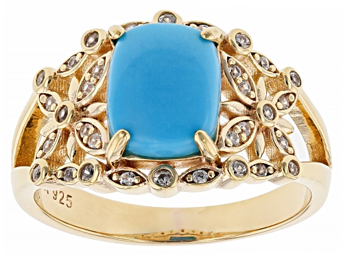 Photo of 9x7mm Sleeping Beauty Turquoise And 0.30ctw White Zircon 18k Yellow Gold Over Sterling Silver Ring - Size 9