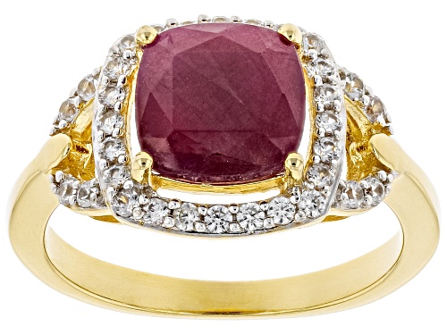 2.85ct Cushion Indian Ruby And 0.47ctw White Zircon 18k Yellow Gold Over Sterling Silver Ring - Size 8
