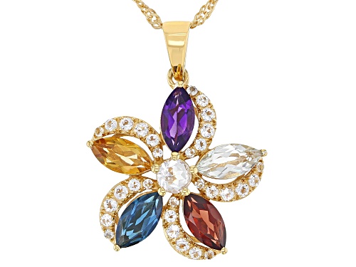 2.40ctw Multi Gem With 1.11ctw White Topaz 18k Yellow Gold Over Silver Flower Pendant/Chain