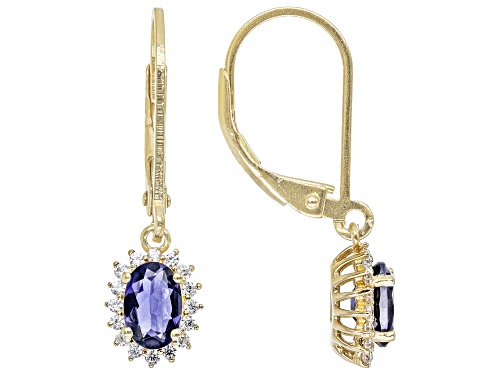 0.61ctw Iolite And 0.27ctw White Zircon 18k Yellow Gold Over Sterling Silver Dangle Earrings