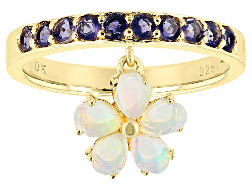 0.34ctw Iolite And 0.40ctw Ethiopian Opal 18k Yellow Gold Over Sterling Silver Charm Ring - Size 7