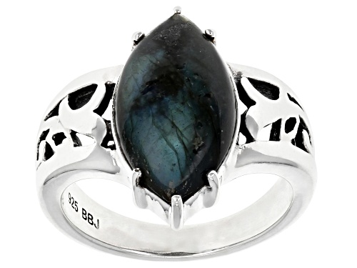 Photo of 16x8mm Marquise Cabochon Labradorite Rhodium Over Sterling Silver Solitaire Ring - Size 8