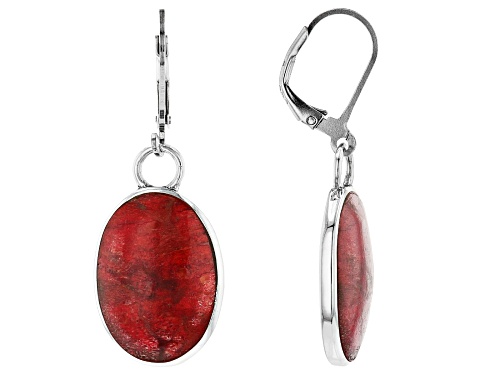 Photo of 19x13.5mm Red Coral Rhodium Over Sterling Silver Dangle Earrings