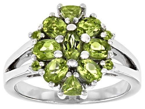1.33ctw Oval, Marquise, Round , Triangle Manchurian Peridot™ Rhodium Over Sterling Silver Ring - Size 7