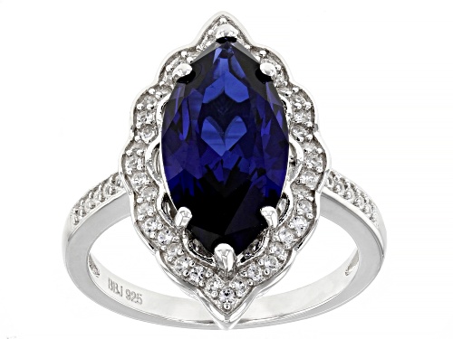 Photo of 4.85ct Marquise Lab Blue Sapphire With .55ctw Lab White Sapphire Rhodium Over Sterling Silver Ring - Size 7