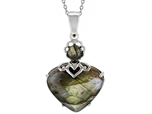 Photo of 24x20mm Heart Shaped, 6mm Labradorite Rhodium Over Sterling Silver Enhancer Pendant With Chain
