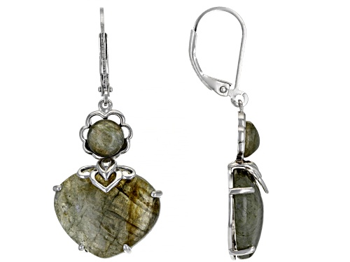 18x15mm Heart Shaped And 6mm Round Labradorite Rhodium Over Sterling Silver Dangle Earrings