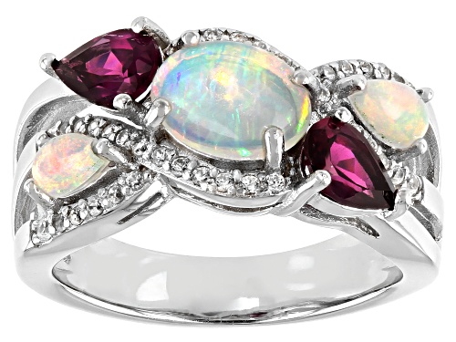 0.92ctw Ethiopian Opal, 0.84ctw Rhodolite Garnet With 0.75ctw White Zircon Rhodium Over Silver Ring - Size 7