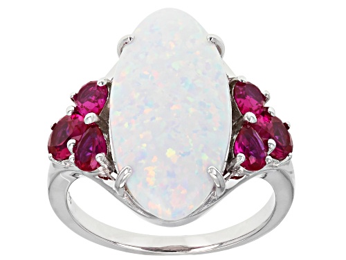 Photo of 20x10mm Oval Cabochon Lab White Opal With 1.12ctw Lab Ruby Rhodium Over Silver Ring - Size 8