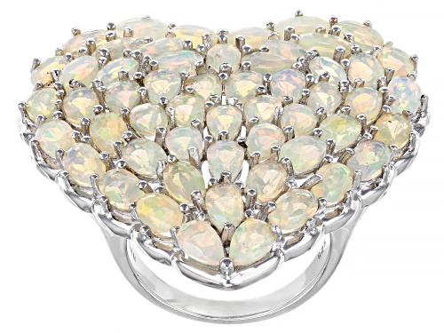 3.82ctw Oval And 2.65ctw Pear Shaped Ethiopian Opal Rhodium Over Silver Heart Ring - Size 6