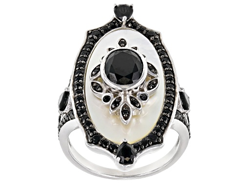 Oval Mother-of-Pearl with 3.05ctw Multi Shaped Black Spinel Rhodium Over Sterling Silver Ring - Size 6