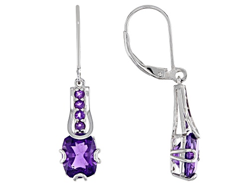 Photo of 3.23ctw Cushion And 0.27ctw Round African Amethyst Rhodium Over Silver Dangle Earrings