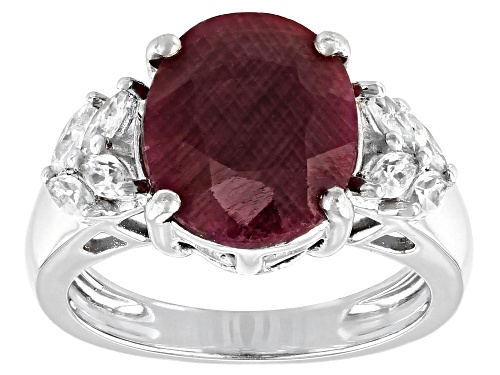 Photo of 5.00ct Oval Indian Ruby With .80ctw Marquise White Zircon Rhodium Over Sterling Silver Ring - Size 9