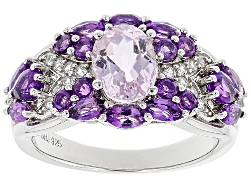 Photo of 1.40ct Oval Kunzite, 1.03ctw African Amethyst And .21ctw White Zircon Rhodium Over Silver Ring - Size 7
