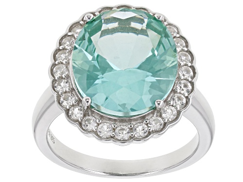 Photo of 7.63ct Oval Lab Green Spinel With 0.69ctw Round Lab White Sapphire Rhodium Over Sterling Silver Ring - Size 8