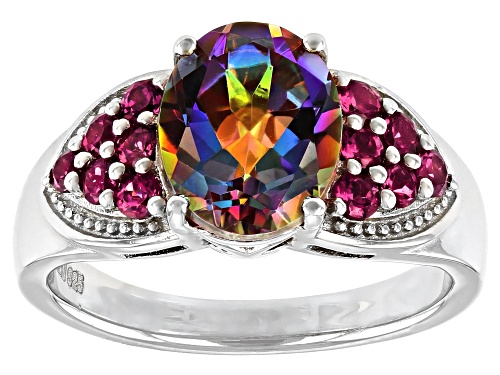 Photo of 2.15ct Oval Northern Lights™ Quartz and .48ctw Round Rhodolite Rhodium Over Sterling Silver Ring - Size 7
