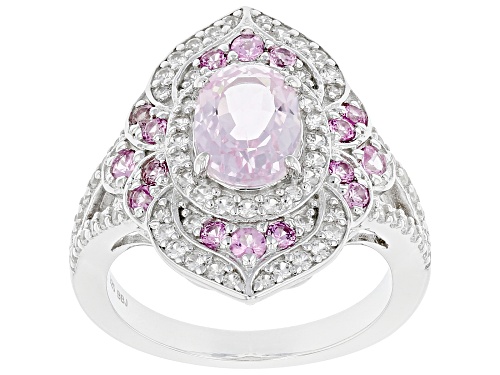 Photo of 1.48ct Kunzite, 0.41ctw Pink Sapphire, and 0.56ctw White Zircon Rhodium Over Sterling Silver Ring - Size 8