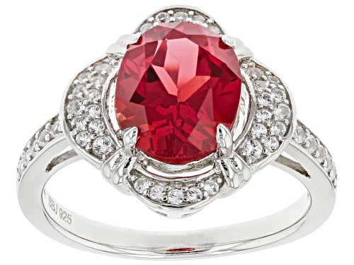 3.00ct Lab Padparadscha Sapphire and 0.45ctw Lab Created White Sapphire Rhodium Over Silver Ring - Size 8