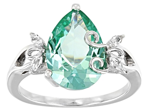 3.74ct Pear Shape Lab Created Green Spinel With 0.14ctw White Topaz Rhodium Over Silver Ring - Size 8